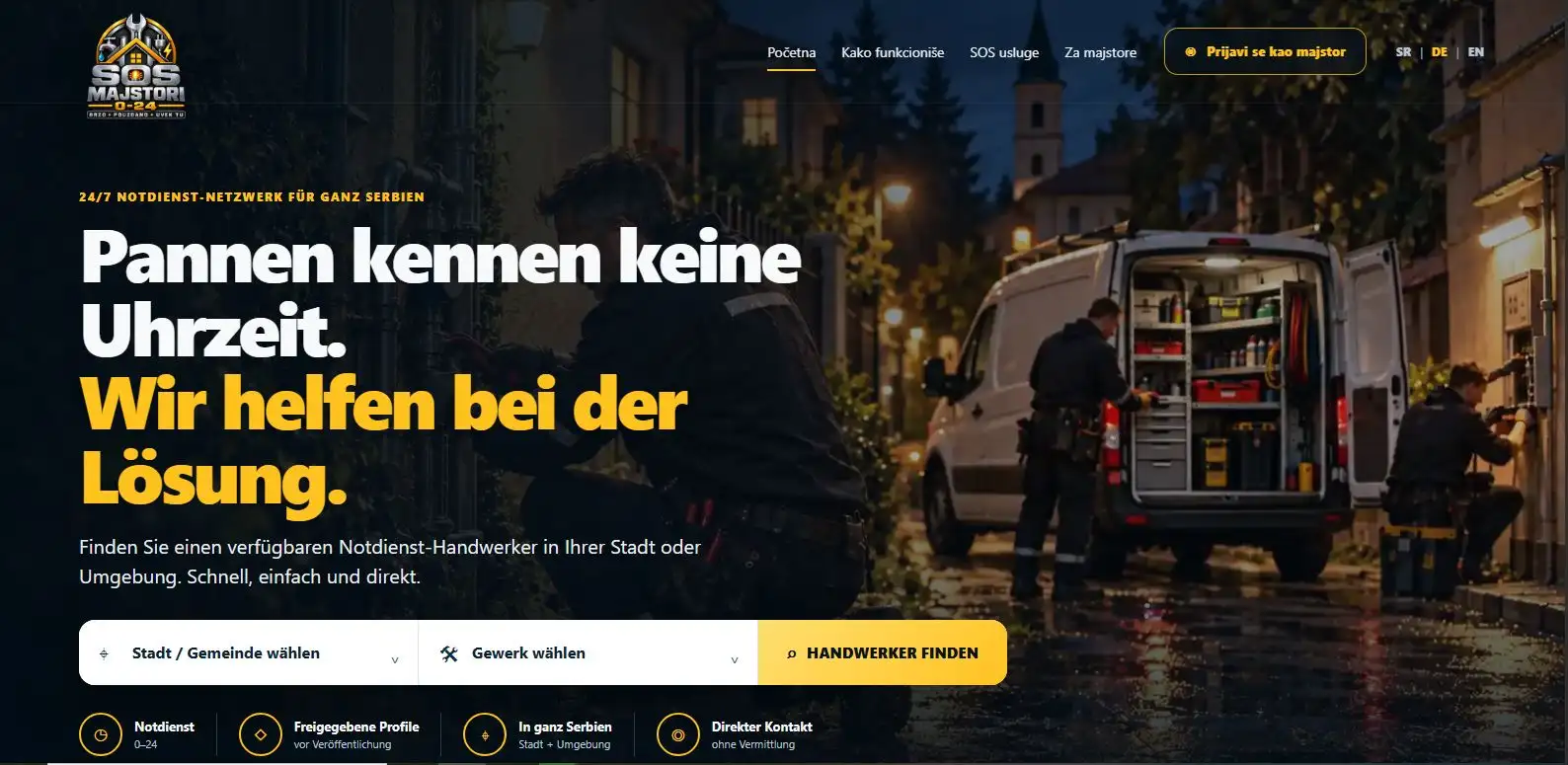 SOS MAJSTORI 0–24: Webplattform und Android-App für lokale Soforthilfe.